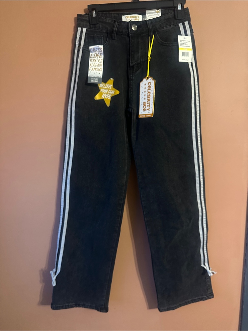 Celebrity Pink Black Jeans with White Side Stripes